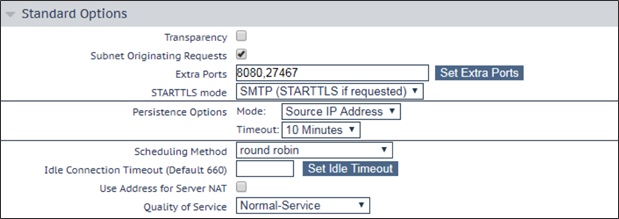 "Standard Options" section of load balancer configuration showing ports 8080 and 27467, STARTTLS mode of SMTP(STARTTLS if requested), and a persistence of 10 minutes using a round robin algorithm.